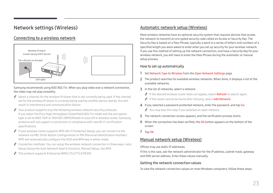Network settings (wireless), Connecting to a wireless network, Automatic network setup (wireless) | Manual network setup (wireless) | Samsung WM55B Flip Pro 55" 4K Interactive Touchscreen LED Display User Manual | Page 23 / 76