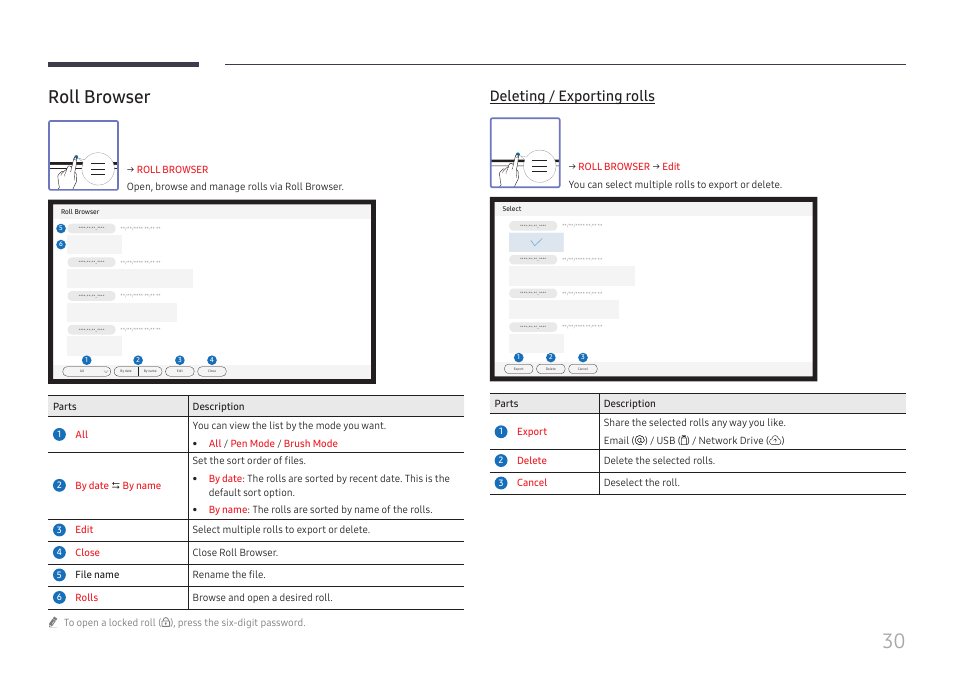 Roll browser, Deleting / exporting rolls | Samsung WM55B Flip Pro 55" 4K Interactive Touchscreen LED Display User Manual | Page 30 / 76