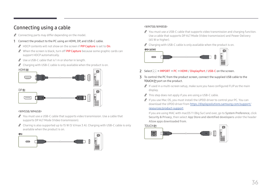 Connecting using a cable | Samsung WM55B Flip Pro 55" 4K Interactive Touchscreen LED Display User Manual | Page 36 / 76