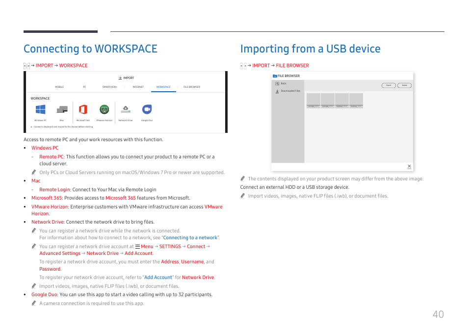 Connecting to workspace, Importing from a usb device | Samsung WM55B Flip Pro 55" 4K Interactive Touchscreen LED Display User Manual | Page 40 / 76