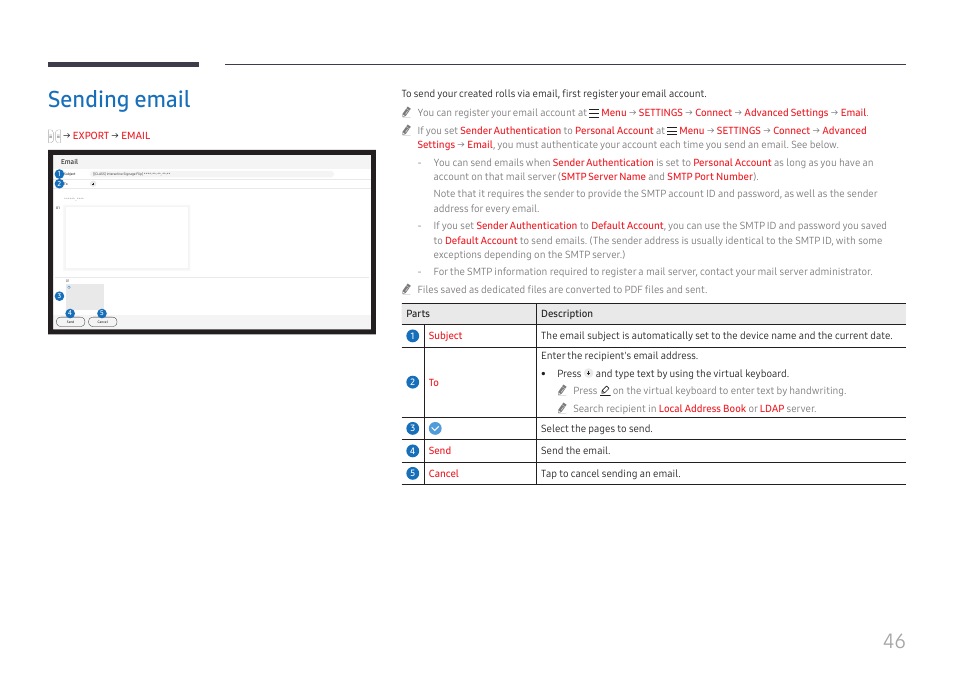 Sending email | Samsung WM55B Flip Pro 55" 4K Interactive Touchscreen LED Display User Manual | Page 46 / 76