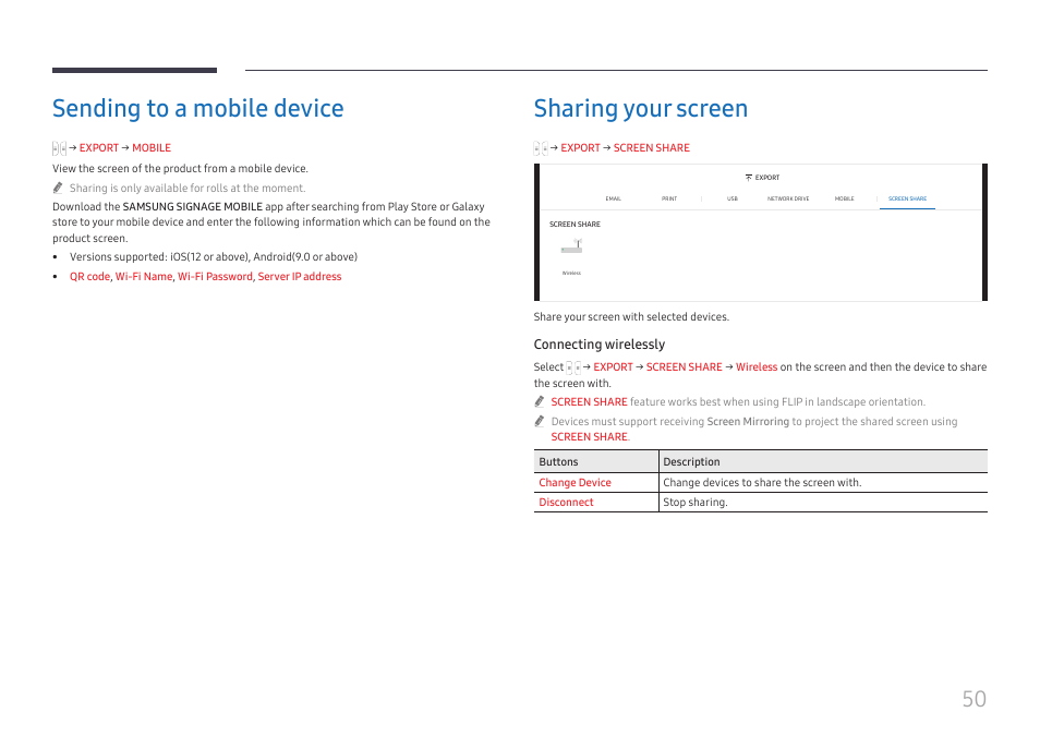 Sending to a mobile device, Sharing your screen | Samsung WM55B Flip Pro 55" 4K Interactive Touchscreen LED Display User Manual | Page 50 / 76