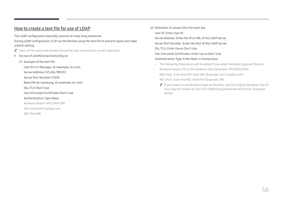 How to create a text file for use of ldap | Samsung WM55B Flip Pro 55" 4K Interactive Touchscreen LED Display User Manual | Page 58 / 76