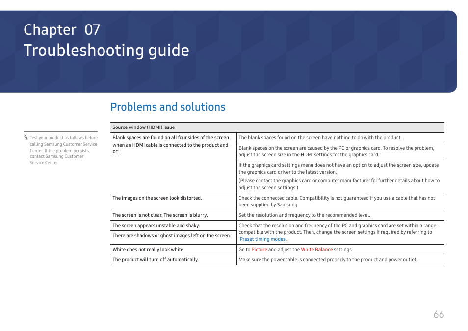 Troubleshooting guide, Problems and solutions, Chapter 07 | Samsung WM55B Flip Pro 55" 4K Interactive Touchscreen LED Display User Manual | Page 66 / 76