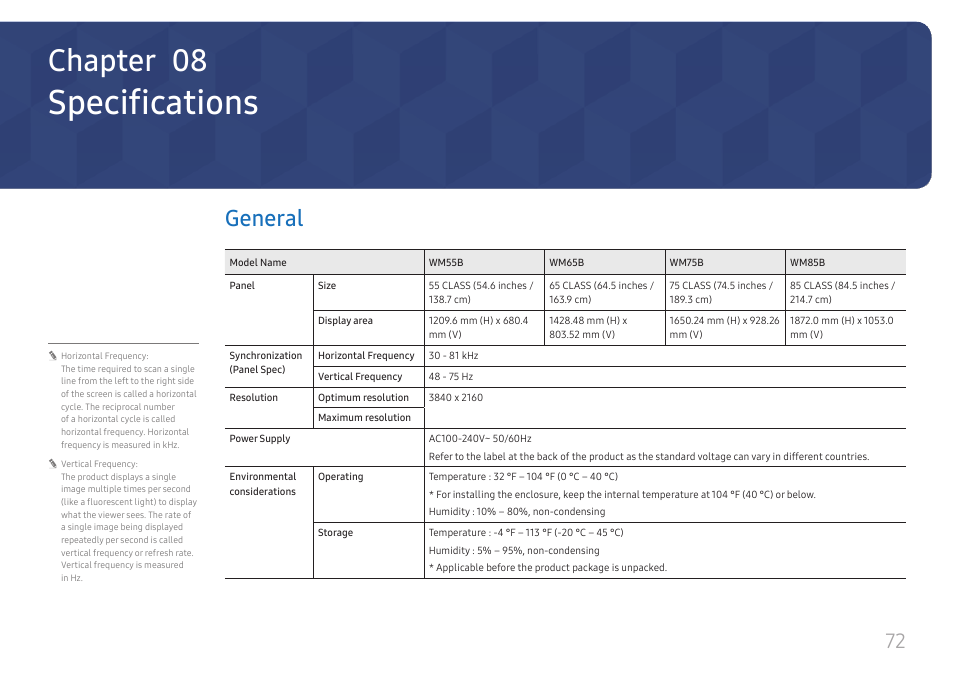Specifications, General, Chapter 08 | Samsung WM55B Flip Pro 55" 4K Interactive Touchscreen LED Display User Manual | Page 72 / 76