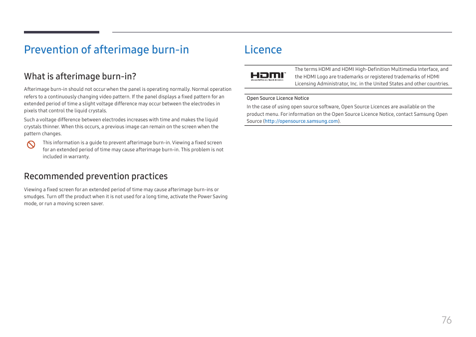 Prevention of afterimage burn-in, What is afterimage burn-in, Recommended prevention practices | Licence | Samsung WM55B Flip Pro 55" 4K Interactive Touchscreen LED Display User Manual | Page 76 / 76