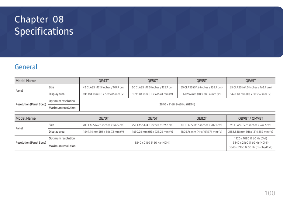 Specifications, General, General 100 | Chapter 08 | Samsung QET 85" Class 4K UHD Commercial LED Display User Manual | Page 100 / 105