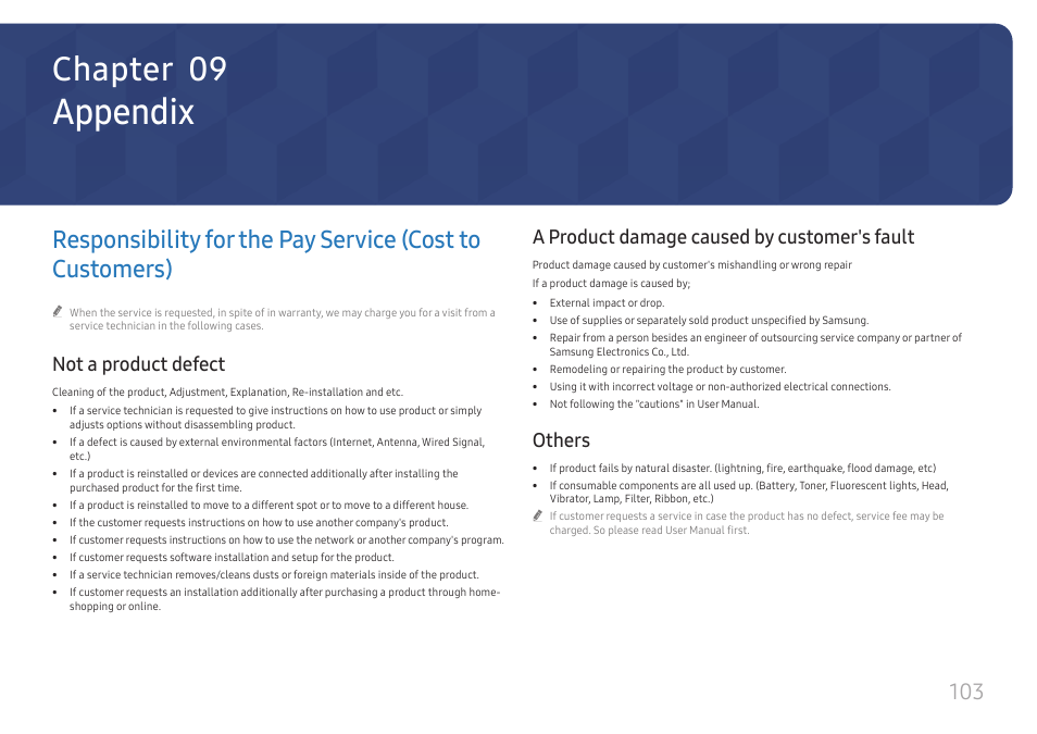 Appendix, Not a product defect, A product damage caused by customer's fault | Others, Responsibility for the pay service (cost to, Customers) 103, A product damage caused by customer's, Fault 103 others 103, Chapter 09 | Samsung QET 85