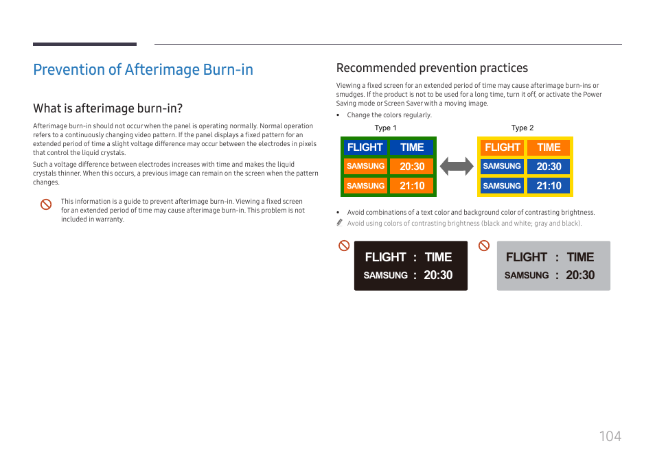 Prevention of afterimage burn-in, What is afterimage burn-in, Recommended prevention practices | Flight time 20:30 | Samsung QET 85" Class 4K UHD Commercial LED Display User Manual | Page 104 / 105