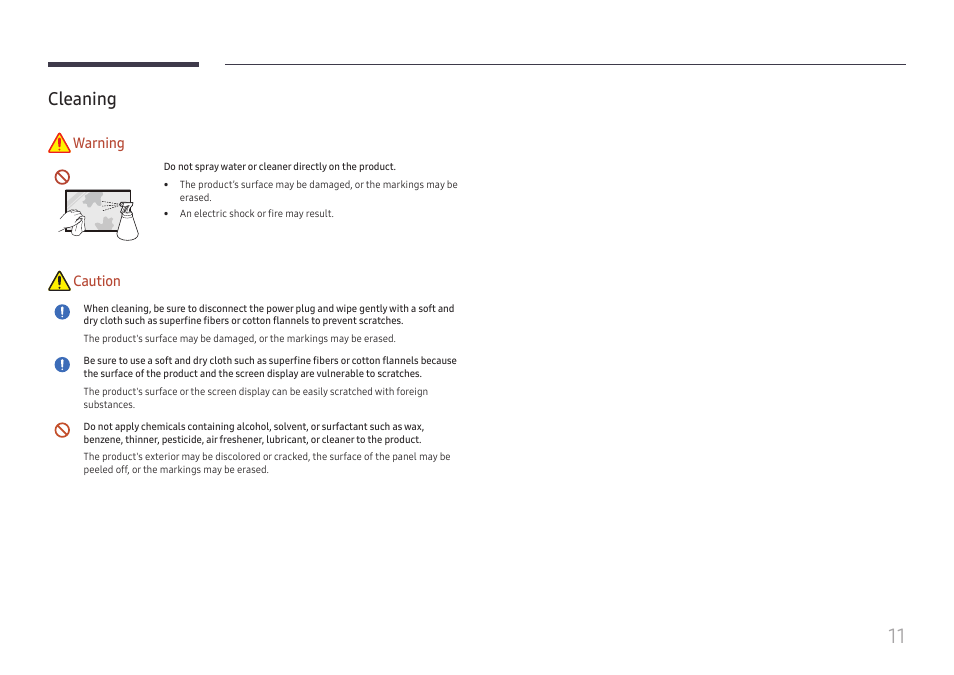 Cleaning, Cleaning 11, Warning | Caution | Samsung QET 85" Class 4K UHD Commercial LED Display User Manual | Page 11 / 105