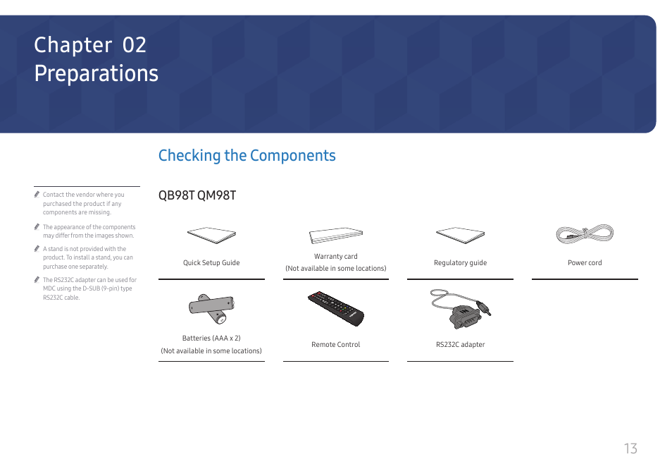 Preparations, Checking the components, Qb98t qm98t | Chapter 02 | Samsung QET 85" Class 4K UHD Commercial LED Display User Manual | Page 13 / 105
