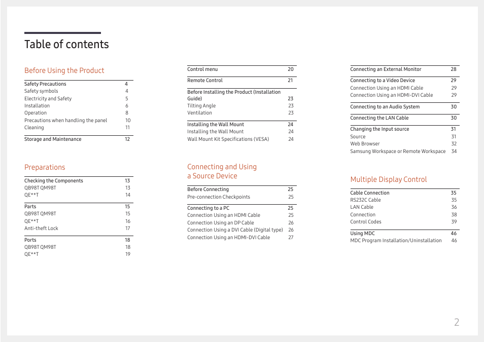 Samsung QET 85" Class 4K UHD Commercial LED Display User Manual | Page 2 / 105