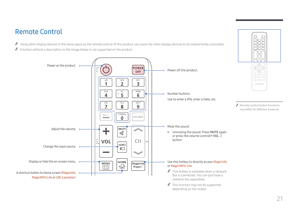 Remote control | Samsung QET 85" Class 4K UHD Commercial LED Display User Manual | Page 21 / 105