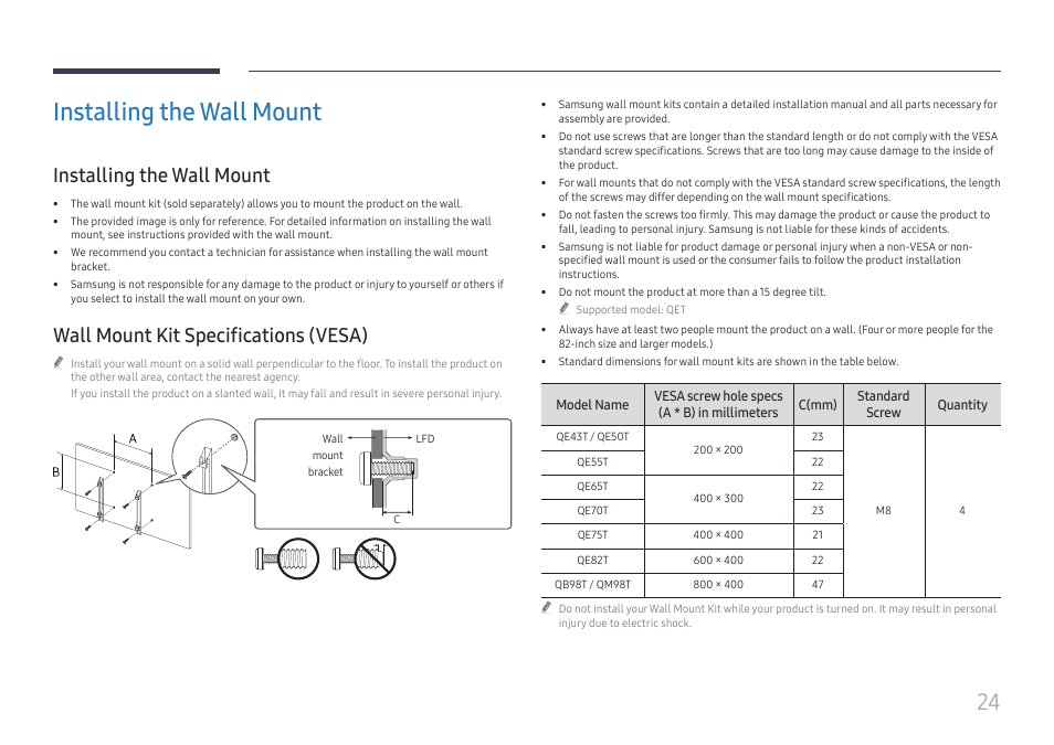 Installing the wall mount, Wall mount kit specifications (vesa) | Samsung QET 85" Class 4K UHD Commercial LED Display User Manual | Page 24 / 105