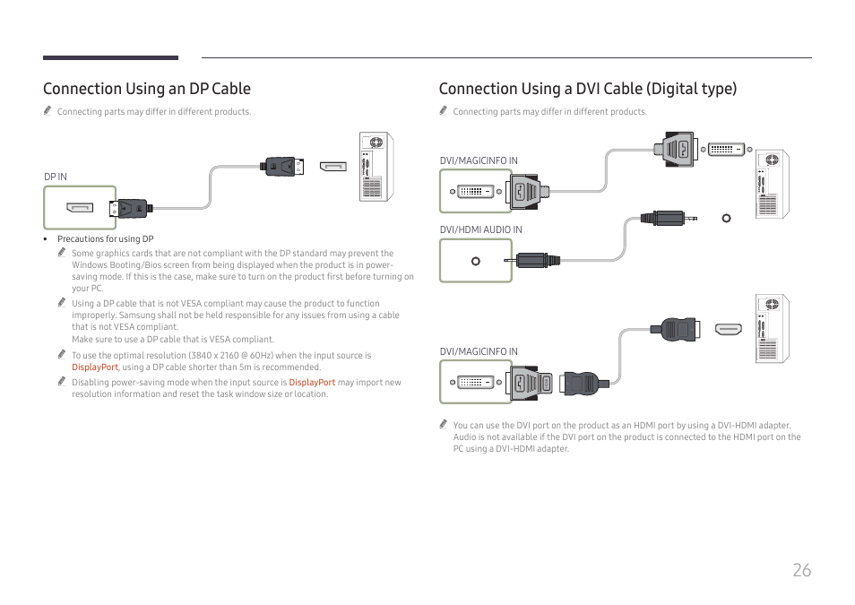 Connection using an dp cable, Connection using a dvi cable (digital type), Connection using a dvi cable (digital type) 26 | Samsung QET 85" Class 4K UHD Commercial LED Display User Manual | Page 26 / 105