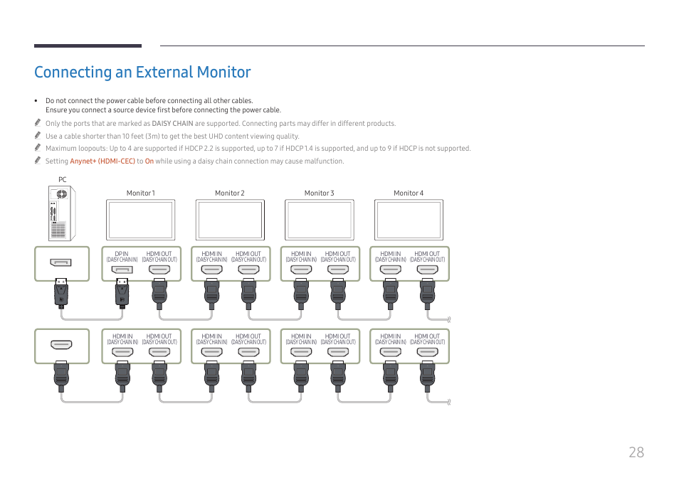 Connecting an external monitor | Samsung QET 85" Class 4K UHD Commercial LED Display User Manual | Page 28 / 105