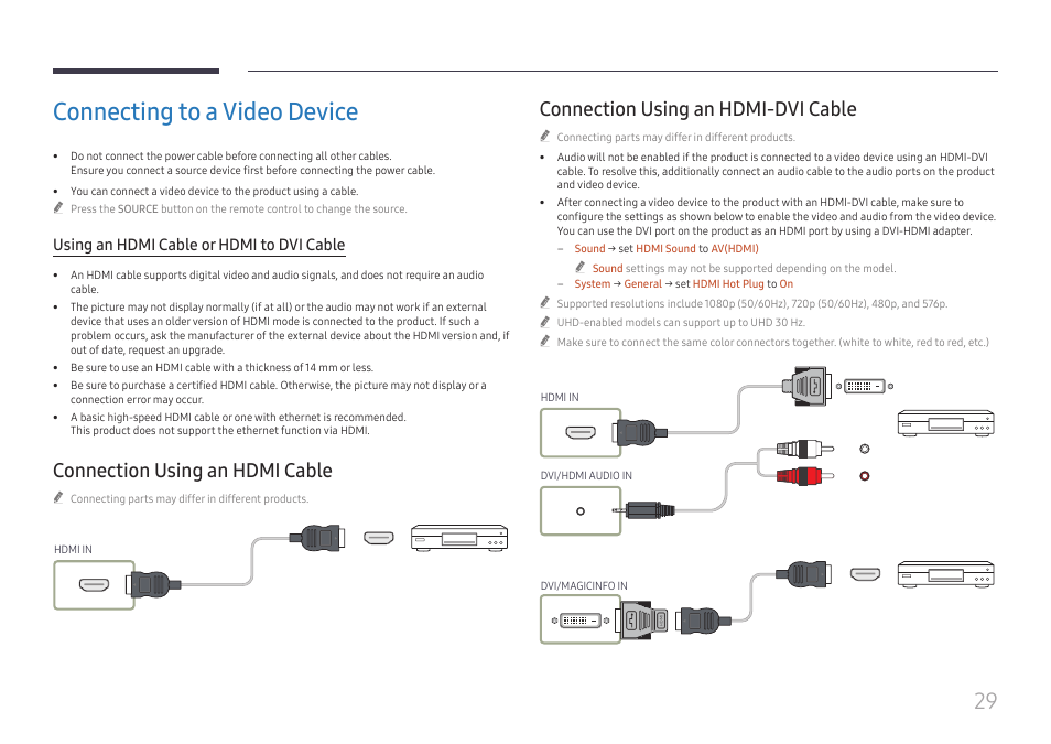 Connecting to a video device, Connection using an hdmi cable, Connection using an hdmi-dvi cable | Using an hdmi cable or hdmi to dvi cable | Samsung QET 85" Class 4K UHD Commercial LED Display User Manual | Page 29 / 105