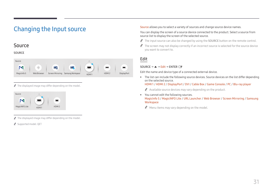 Changing the input source, Source, Source 31 | Edit | Samsung QET 85" Class 4K UHD Commercial LED Display User Manual | Page 31 / 105