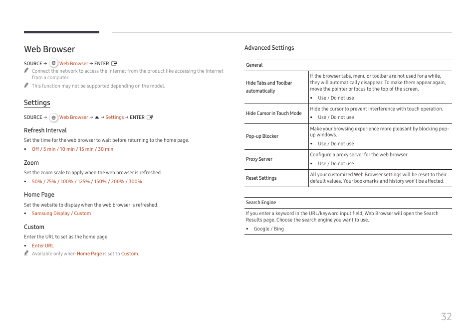 Web browser, Web browser 32, Settings | Samsung QET 85" Class 4K UHD Commercial LED Display User Manual | Page 32 / 105