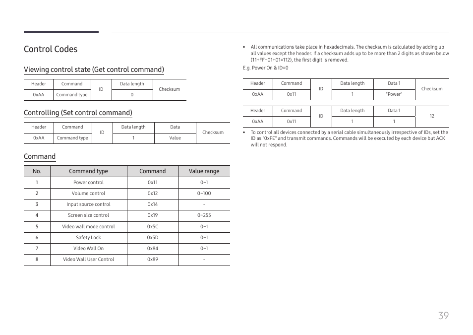 Control codes, Viewing control state (get control command), Controlling (set control command) | Command | Samsung QET 85" Class 4K UHD Commercial LED Display User Manual | Page 39 / 105