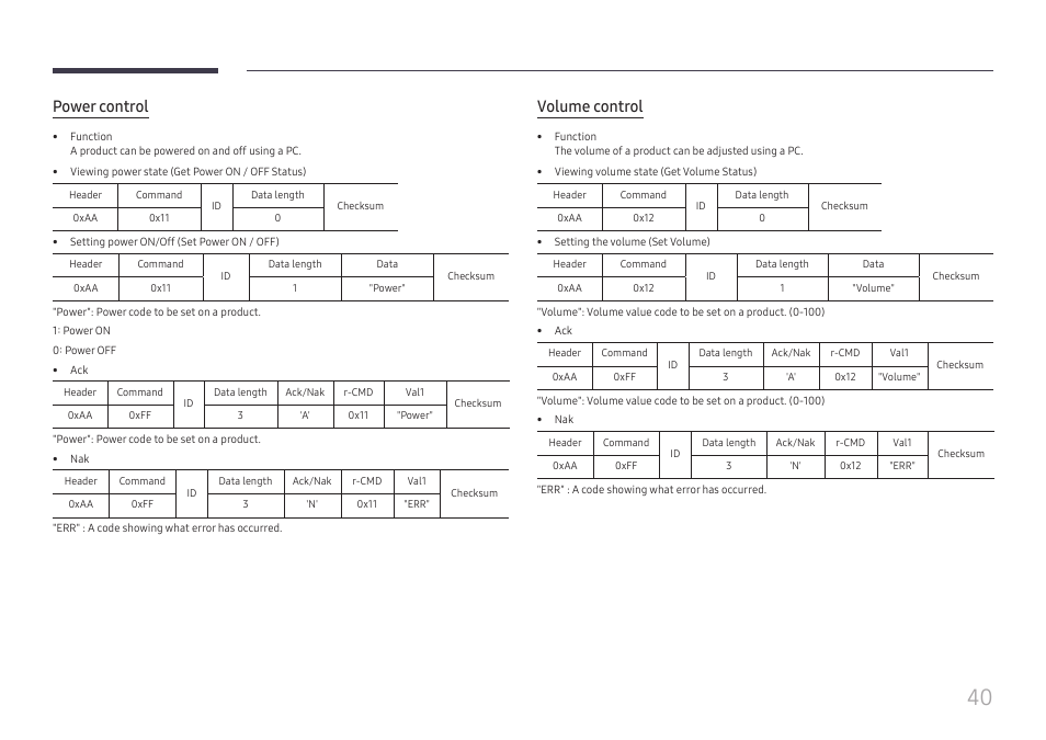 Power control, Volume control | Samsung QET 85" Class 4K UHD Commercial LED Display User Manual | Page 40 / 105
