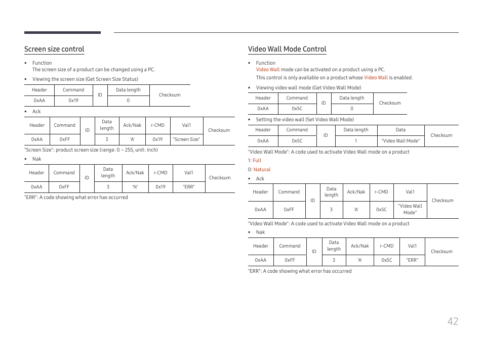 Screen size control, Video wall mode control | Samsung QET 85" Class 4K UHD Commercial LED Display User Manual | Page 42 / 105