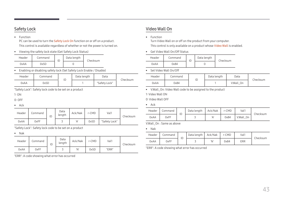 Safety lock, Video wall on | Samsung QET 85" Class 4K UHD Commercial LED Display User Manual | Page 43 / 105