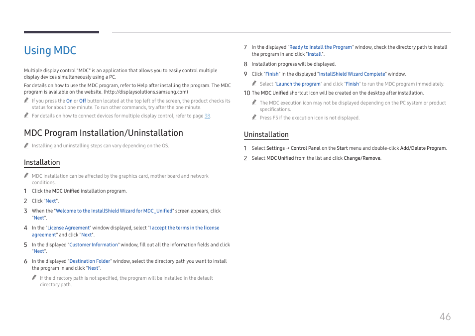Using mdc, Mdc program installation/uninstallation, Installation | Uninstallation | Samsung QET 85" Class 4K UHD Commercial LED Display User Manual | Page 46 / 105