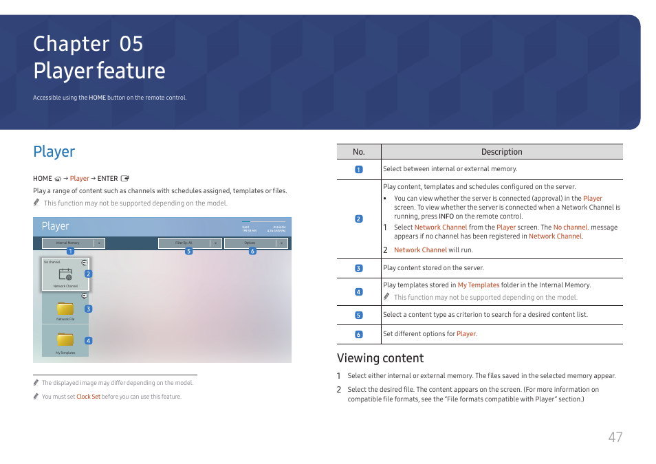 Player feature, Player, Viewing content | Player 47, Chapter 05 | Samsung QET 85" Class 4K UHD Commercial LED Display User Manual | Page 47 / 105