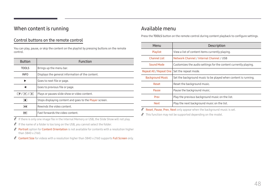 When content is running, Available menu, Control buttons on the remote control | Samsung QET 85" Class 4K UHD Commercial LED Display User Manual | Page 48 / 105
