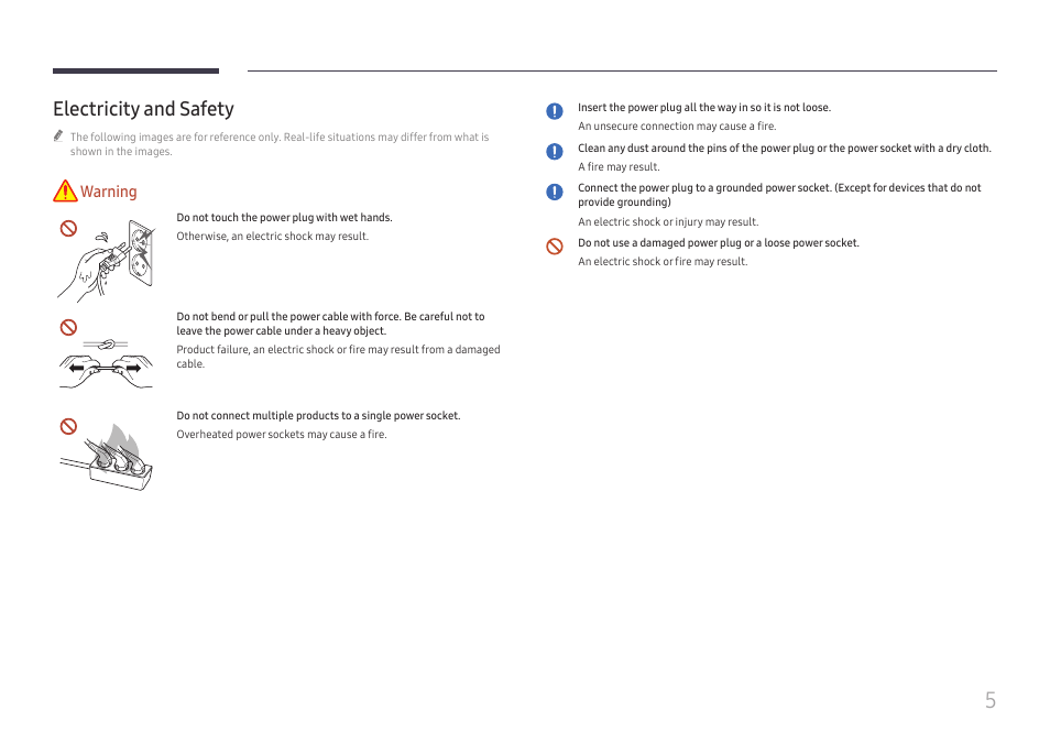 Electricity and safety, Warning | Samsung QET 85" Class 4K UHD Commercial LED Display User Manual | Page 5 / 105