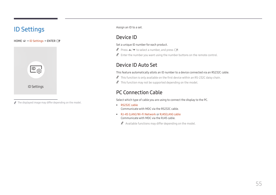 Id settings, Device id, Device id auto set | Pc connection cable, Id settings 55 | Samsung QET 85" Class 4K UHD Commercial LED Display User Manual | Page 55 / 105