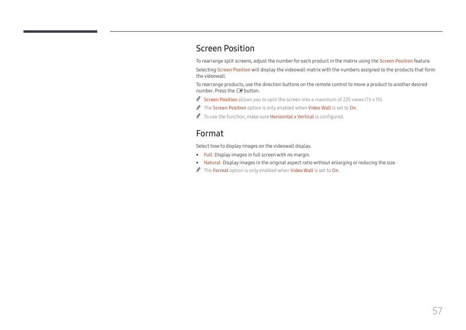 Screen position, Format, Screen position 57 format 57 | Samsung QET 85" Class 4K UHD Commercial LED Display User Manual | Page 57 / 105