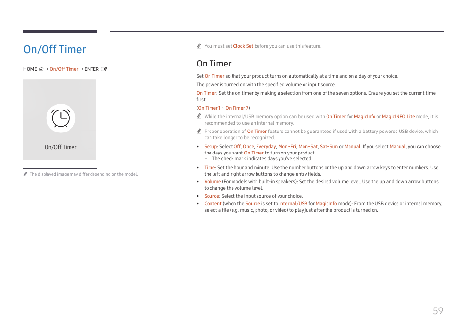 On/off timer, On timer, On/off timer 59 | On timer 59 | Samsung QET 85" Class 4K UHD Commercial LED Display User Manual | Page 59 / 105