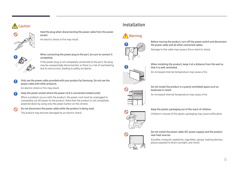 Installation, Installation 6, Caution | Warning | Samsung QET 85" Class 4K UHD Commercial LED Display User Manual | Page 6 / 105