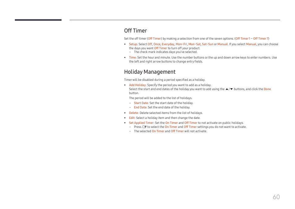 Off timer, Holiday management, Off timer 60 holiday management 60 | Samsung QET 85" Class 4K UHD Commercial LED Display User Manual | Page 60 / 105