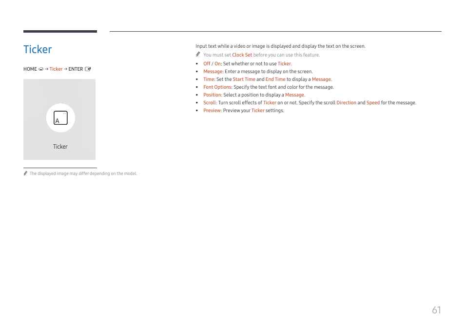 Ticker, Ticker 61 | Samsung QET 85" Class 4K UHD Commercial LED Display User Manual | Page 61 / 105