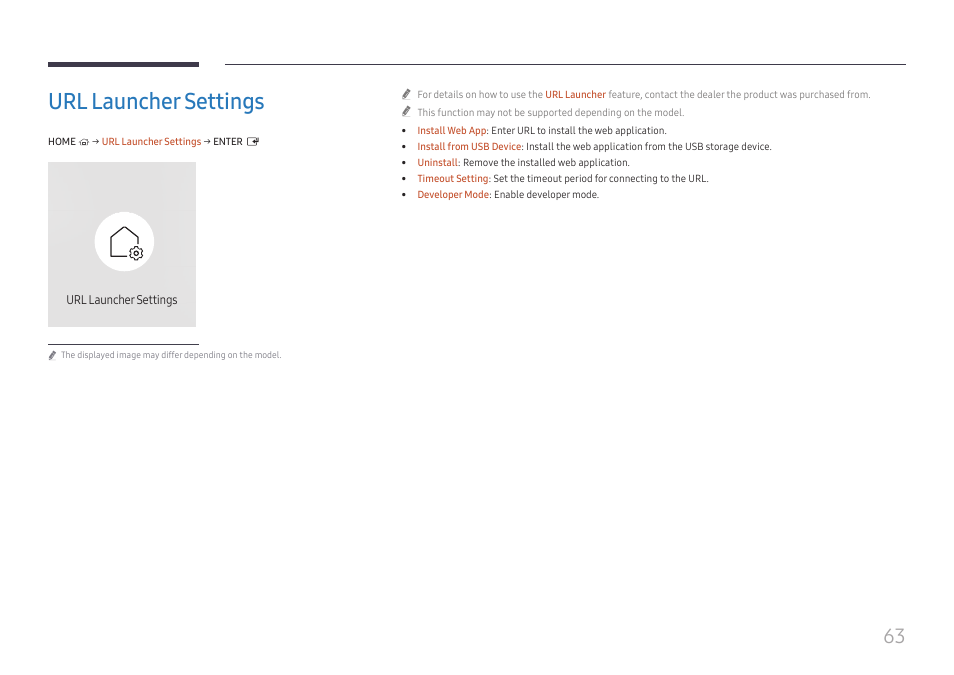 Url launcher settings, Url launcher settings 63 | Samsung QET 85" Class 4K UHD Commercial LED Display User Manual | Page 63 / 105