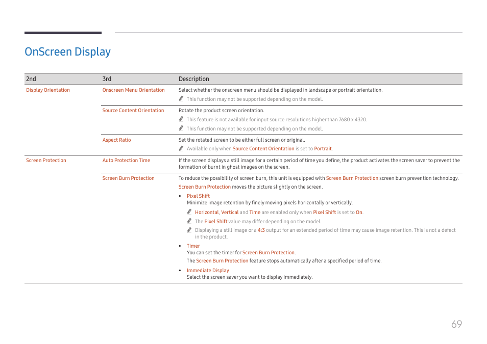 Onscreen display, Onscreen display 69 | Samsung QET 85" Class 4K UHD Commercial LED Display User Manual | Page 69 / 105