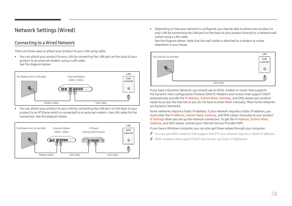 Network settings (wired), Connecting to a wired network | Samsung QET 85" Class 4K UHD Commercial LED Display User Manual | Page 74 / 105