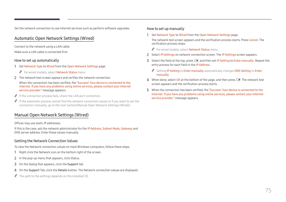 Automatic open network settings (wired), Manual open network settings (wired) | Samsung QET 85" Class 4K UHD Commercial LED Display User Manual | Page 75 / 105