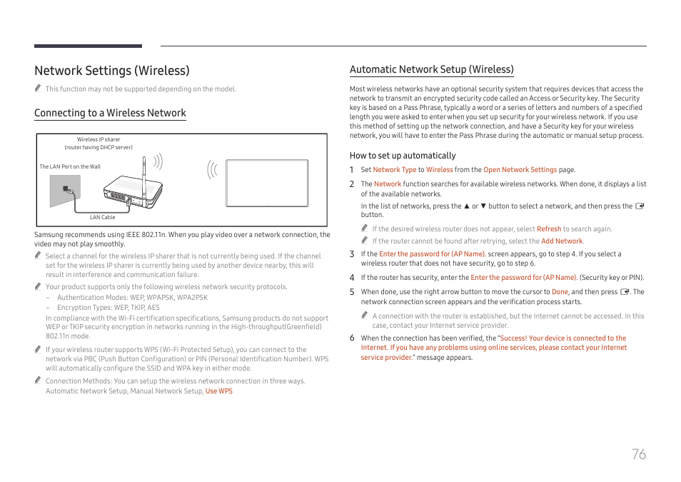 Network settings (wireless), Connecting to a wireless network, Automatic network setup (wireless) | Samsung QET 85" Class 4K UHD Commercial LED Display User Manual | Page 76 / 105