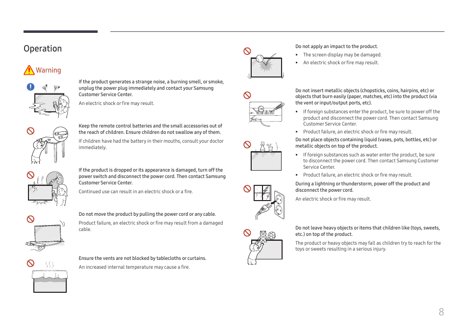 Operation, Operation 8, Warning | Samsung QET 85" Class 4K UHD Commercial LED Display User Manual | Page 8 / 105