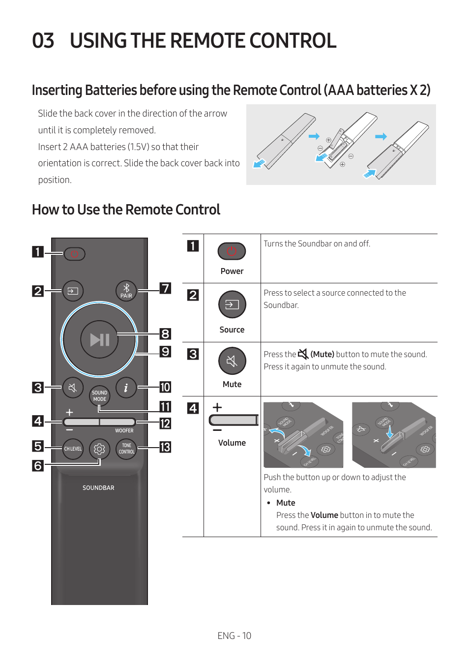 03 using the remote control, How to use the remote control, Using the remote control | Eng - 10, Power turns the soundbar on and off, Volume | Samsung Q Series HW-Q600C 360W 3.1.2-Channel Dolby Atmos Soundbar System User Manual | Page 10 / 45