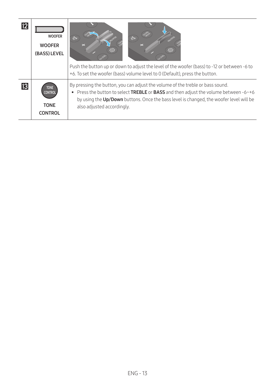 Eng - 13, Woofer (bass) level | Samsung Q Series HW-Q600C 360W 3.1.2-Channel Dolby Atmos Soundbar System User Manual | Page 13 / 45