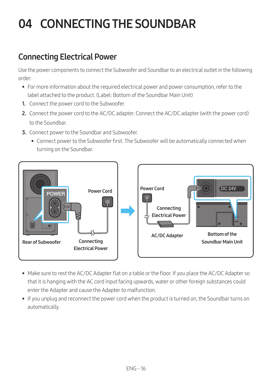 04 connecting the soundbar, Connecting electrical power, Connecting the soundbar | E 16 | Samsung Q Series HW-Q600C 360W 3.1.2-Channel Dolby Atmos Soundbar System User Manual | Page 16 / 45