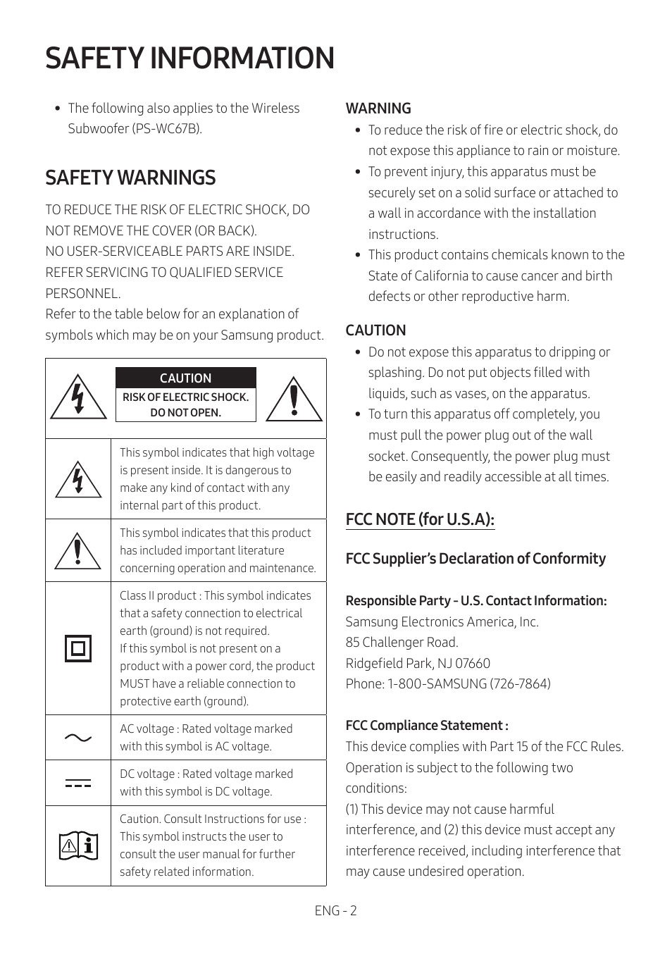 Safety information, Safety warnings | Samsung Q Series HW-Q600C 360W 3.1.2-Channel Dolby Atmos Soundbar System User Manual | Page 2 / 45