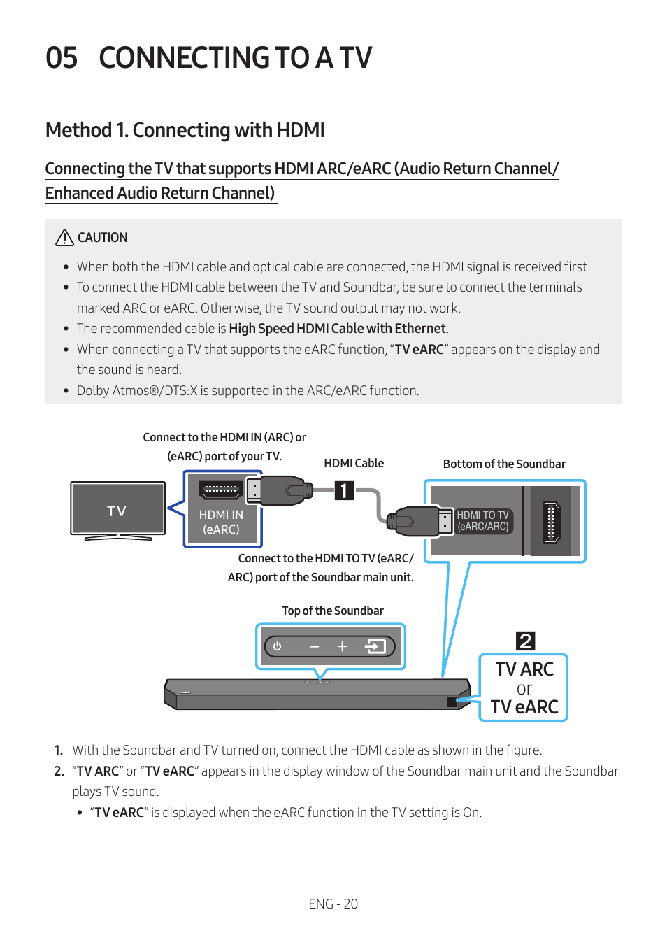 05 connecting to a tv, Method 1. connecting with hdmi, Connecting to a tv | Tv arc or tv earc | Samsung Q Series HW-Q600C 360W 3.1.2-Channel Dolby Atmos Soundbar System User Manual | Page 20 / 45