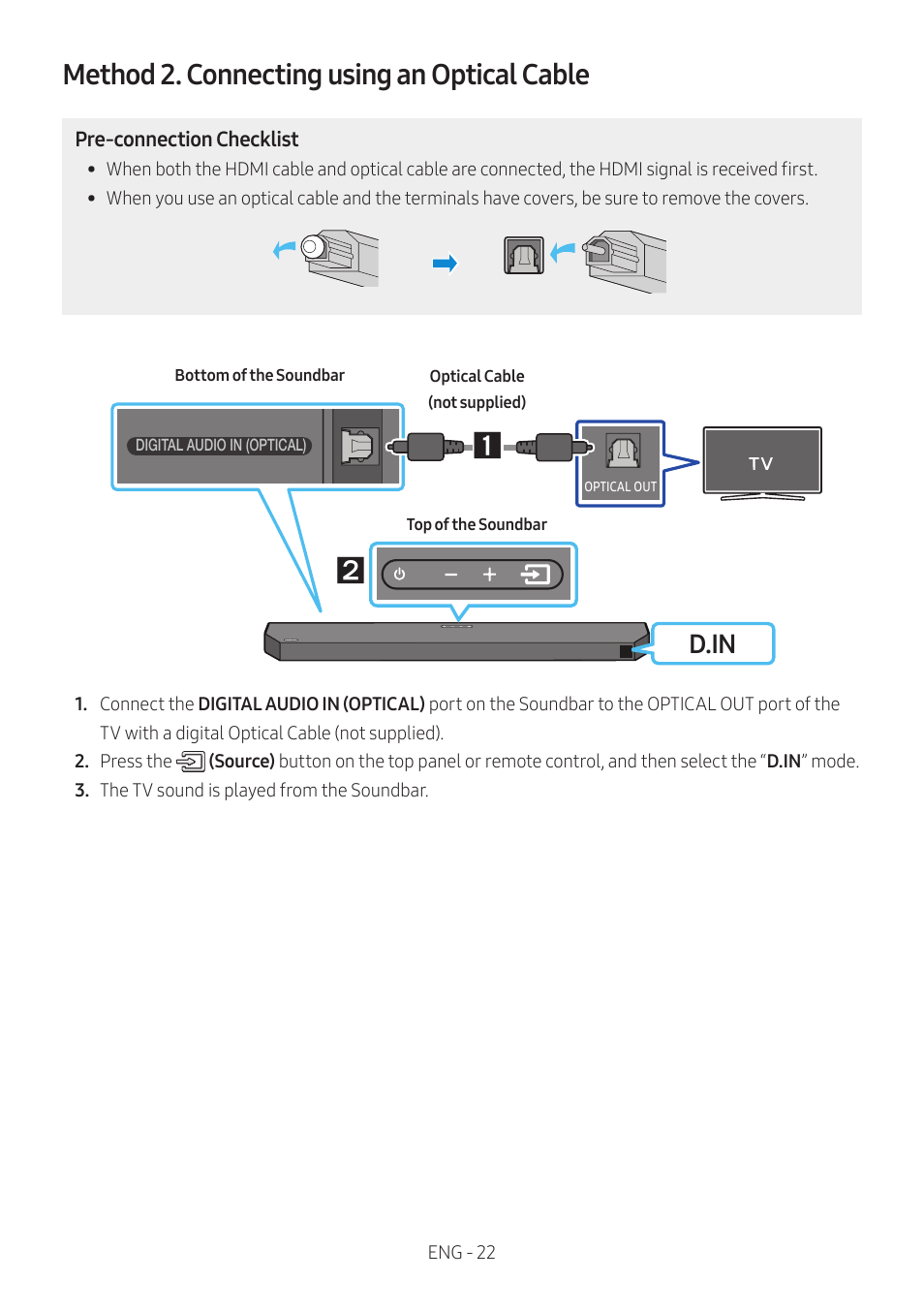 Method 2. connecting using an optical cable, D.in | Samsung Q Series HW-Q600C 360W 3.1.2-Channel Dolby Atmos Soundbar System User Manual | Page 22 / 45