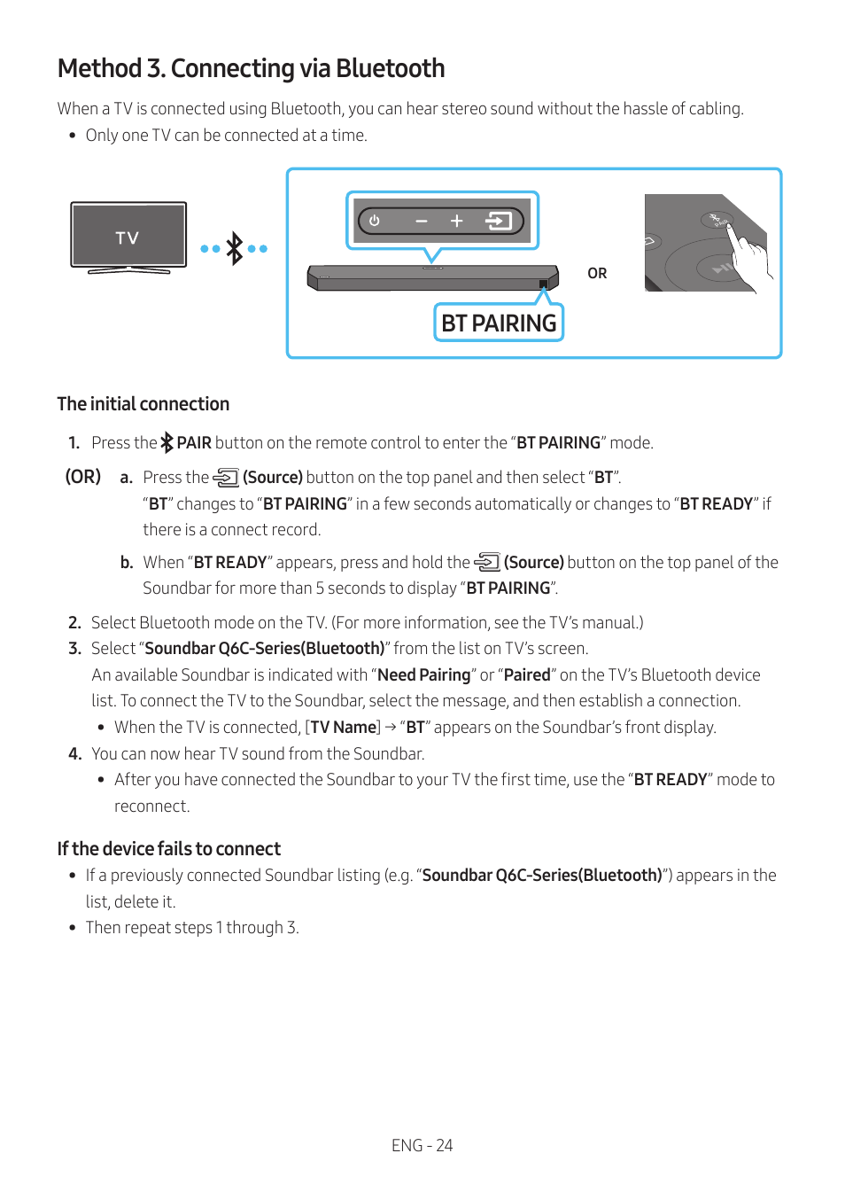 Method 3. connecting via bluetooth, Bt pairing | Samsung Q Series HW-Q600C 360W 3.1.2-Channel Dolby Atmos Soundbar System User Manual | Page 24 / 45